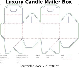 A diecut template for a luxury candle mailer box. Includes dimensions, design lines, and crease guidelines for easy assembly. Elegant packaging solution.