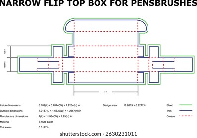 Template Diecut étroit flip top box stylos brosses design d'emballage