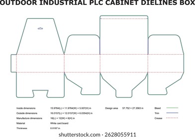 Plantilla troquelada para un embalaje industrial al aire libre del gabinete del plc con dimensiones y características.