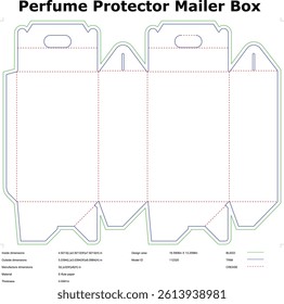 Diecut template for a perfume mailer box. Includes design area, dimensions, and folding guidelines. Perfect for ecommerce packaging.