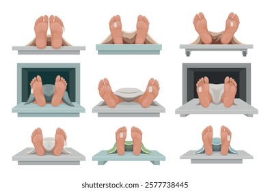 Died human legs with tag cadaver body at morgue set isometric vector illustration. Anatomy clinical death investigation medical expertise on table and crematorium for autopsy criminal work