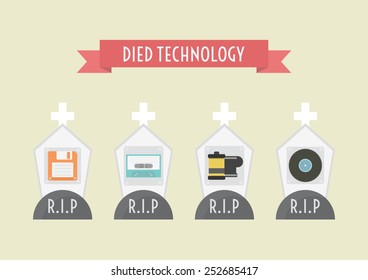 died technology, floppy disk, cassett tape, film, record