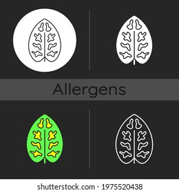 Dieffenbachia dark theme icon. Dumb cane plant leaf. Tropical flower. Common cause of allergic reaction. Linear white, simple glyph and RGB color styles. Isolated vector illustrations