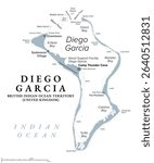 Diego Garcia, the largest island of the Chagos Archipelago, gray political map. British Indian Ocean Territory, BIOT, and site of a Joint Military Facility of the United Kingdom and the United States.