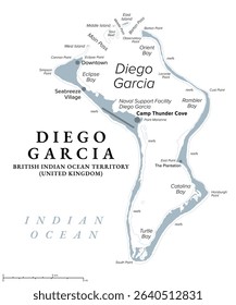 Diego Garcia, the largest island of the Chagos Archipelago, gray political map. British Indian Ocean Territory, BIOT, and site of a Joint Military Facility of the United Kingdom and the United States.