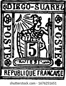 Sello Diego Suarez (5 C) de 1891. Diego-SuPárr es una ciudad en el extremo norte de Madagascar en la provincia de Antsiranana y era una colonia francesa, un dibujo de líneas antiguas o una ilustración grabadora.