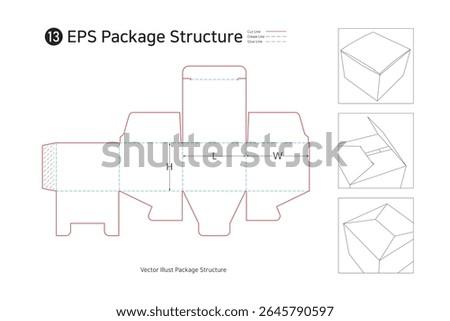 Dieline. Box structure. It is used for packaging lightweight products such as soap and cosmetics in the top opening box, where the bottom is assembled in a cross shape. 