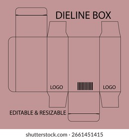 Plantilla de la caja Dieline con logotipos y empaquetado del código de barras