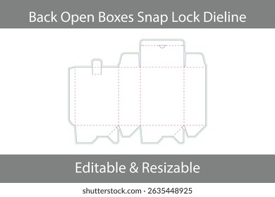 Dieline Plantilla de una caja abierta trasera con un diseño seguro de cierre a presión