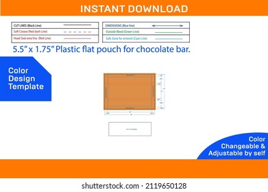 dieline template of plastic flat pouch for chocolate bar svg