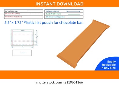 dieline template of plastic flat pouch for chocolate bar svg