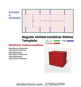 Una Plantilla de línea de disco para un contenedor ranurado regular con dimensiones y una caja 3D roja.