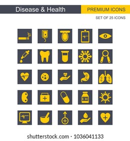 Diesease and Health icons set grey and yellow