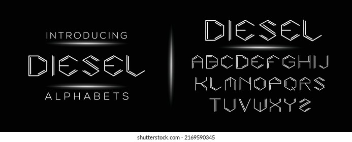 DIESEL alphabet. Outline thin lines font like road, maze, frame. Futuristic techno type for scifi logo, contour neon headline or hud monogram. Minimal letters and numbers vector typographic design