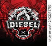 Diesel auto repair and garage logo template. Emblem with gear, turbo, and piston elements.