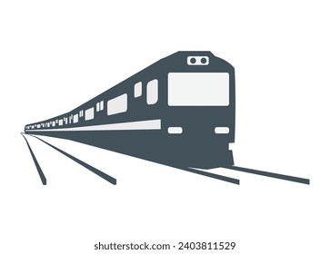 Diesel commuter train turning. Running on double track. Silhouette illustration in perspective view.