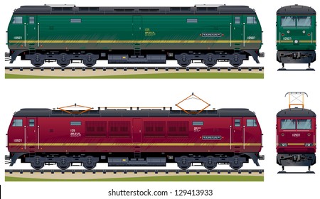Diesel and Electric Locomotives (Train #18). Pixel optimized. Elements are in the separate layers. In the side, back and front views.  The appropriate cars are also available ( Image ID: 129413936 )