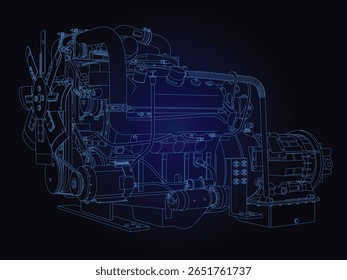 Diesel Engine Drawing, digital hand drawn line illustration