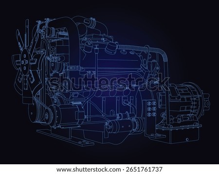 Diesel Engine Drawing, digital hand drawn line illustration