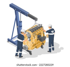 Diesel engine motor maintenance  team service concept isometric for industry and construction equipment yellow in white isolated svg