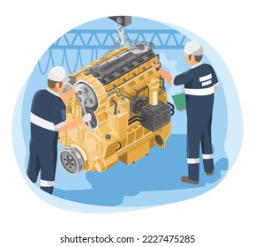 Diesel engine motor service maintenance team support concept isometric for industry and construction equipment yellow in white isolated