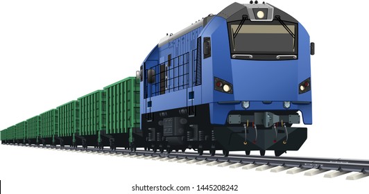 Diesel freight locomotive with open wagons on rails on transparent background vector illustration