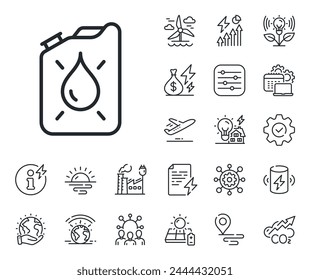 Diesel fuel sign. Energy, Co2 exhaust and solar panel outline icons. Canister line icon. Kerosene or gasoline container symbol. Canister line sign. Eco electric or wind power icon. Vector