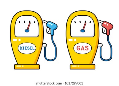 Diesel and gas fuel pump, filling station cartoon icons.