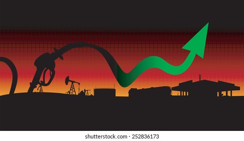 Diesel And Gasoline Price Growth Illustration Fuel Pistol With Green Up Arrow Oil Tank Truck,oil Pumps And Gas Station Silhouettes In Sunset Background