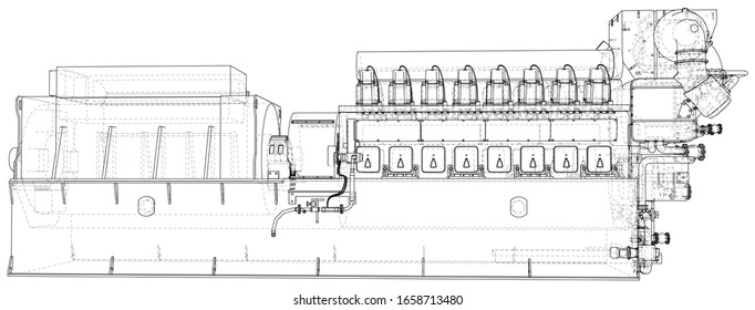 Diesel generator. The layers of visible and invisible lines are separated. EPS10 format. Wire-frame.