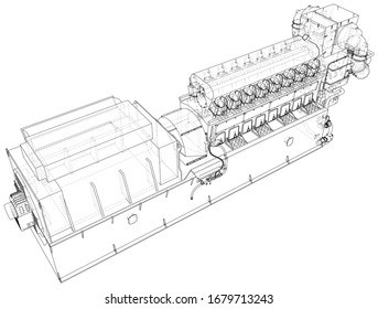 Diesel generator. The layers of visible and invisible lines are separated. EPS10 format. Wire-frame.