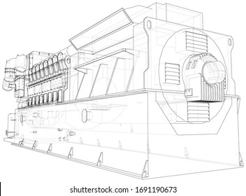 Diesel generator. The layers of visible and invisible lines are separated. EPS10 format. Wire-frame.