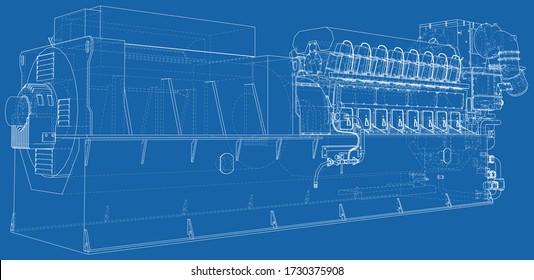 Diesel generator. The layers of visible and invisible lines are separated. EPS10 format. Wire-frame.