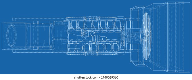 Dieselgenerator. Die Schichten sichtbarer und unsichtbarer Linien sind getrennt. EPS10-Format. Wire-Frame.