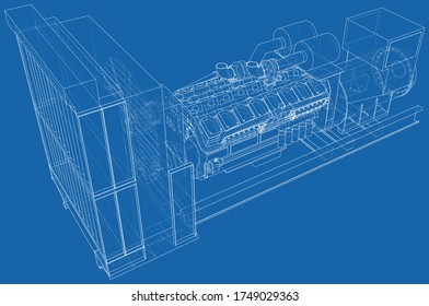 Diesel generator. The layers of visible and invisible lines are separated. EPS10 format. Wire-frame.