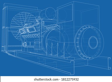 Diesel generator. The layers of visible and invisible lines are separated. EPS10 format. Wire-frame.