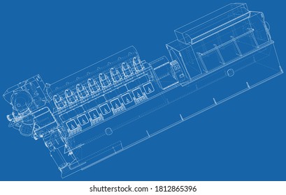Diesel generator. The layers of visible and invisible lines are separated. Wire-frame outline.