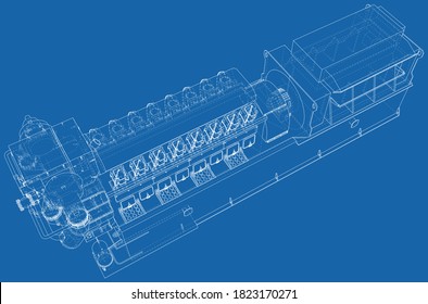 Diesel generator. The layers of visible and invisible lines are separated. EPS10 format. Wire-frame.