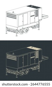 Gerador a diesel trailer isométrico blueprints ilustrações vetor estilizado