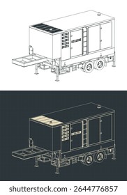 Gerador a diesel trailer desenhos isométricos ilustrações vetoriais estilizadas