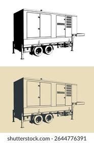 Diesel generator trailer stylized vector illustrations