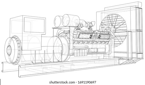 Diesel generator unit for factory. he layers of visible and invisible lines are separated. Wire-frame outline.