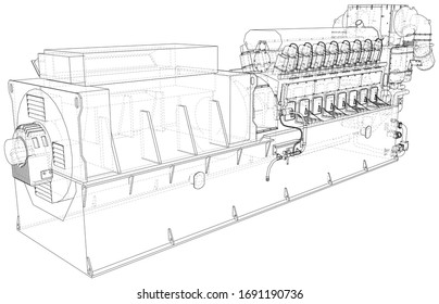 Diesel generator unit for factory. he layers of visible and invisible lines are separated. Wire-frame outline.