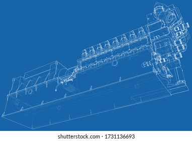 Diesel generator unit for factory. he layers of visible and invisible lines are separated. Wire-frame outline.