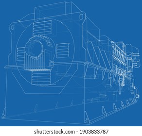 Diesel generator Wire-frame. The layers of visible and invisible lines are separated.