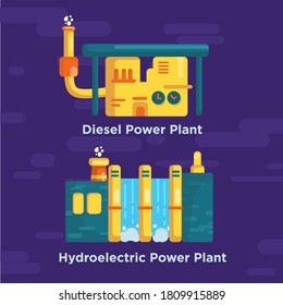 diesel and hydroelectric power plant vector illustration