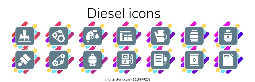diesel icon set. 14 filled diesel icons.  Simple modern icons such as: Oil pump, Pistons, Timing belt, Gas station, Fuel station.