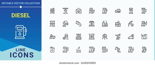 Diesel icon set in linear style. Contains outline symbols like pump, engine, fuel, petrol, gas and more. Fuel icon pack. Minimalist icons pack. Vector illustration.