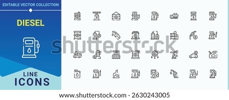 Diesel icon set in linear style. Contains outline symbols like pump, engine, fuel, petrol, gas and more. Fuel icon pack. Minimalist icons pack. Vector illustration.