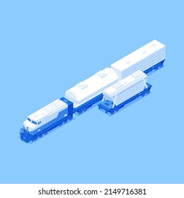 Diesel locomotive with connected wagons baggage van, industrial, refrigerator, tanker cistern isometric vector illustration. Cargo commercial train goods express import export transportation isolated